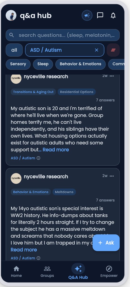 nyceville Q&A Hub showing questions filtered by ASD/Autism with category chips for Sensory, Sleep, Behavior