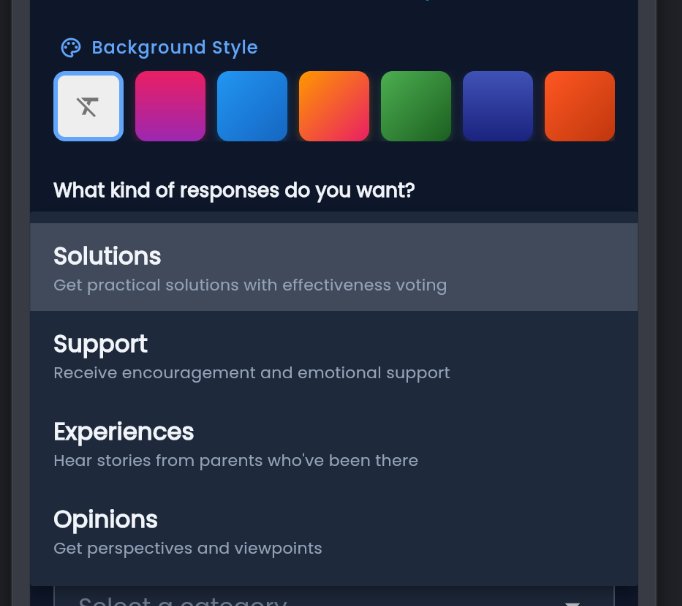nyceville showing response type options: Solutions, Support, Experiences, Opinions